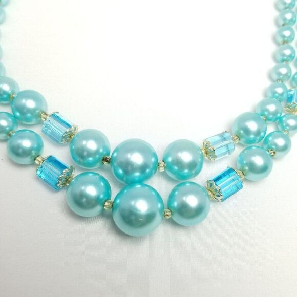 Vintage Blue Two Strand Beaded Necklace, Graduated Size Adjustable Clasp, Estate - Picture 4 of 7
